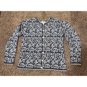 Talbots Vintage Paisley Knit Cardigan Small 100% Cotton Made in Hong Kong